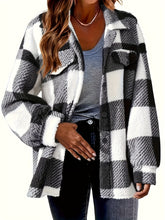 Women's Plaid Button-Front Teddy Coat, Long Sleeve Thermal Winter Outwear